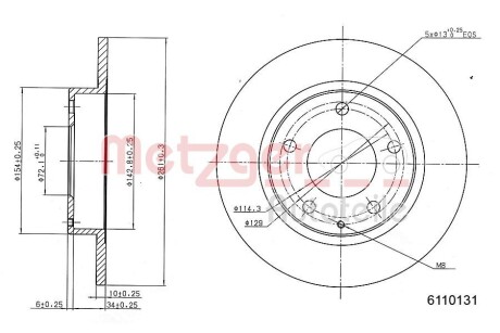 Диск тормозной (задний) Mazda 626 91-02/Premacy 99-05 (261x10) METZGER 6110131 (фото 1)