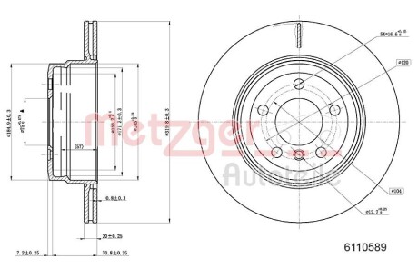 Диск тормозной (задний) BMW X5 (E70/F15) 07-/X6 (F16) 09- (320x20) (с покрытием) (с отверстиями (вент).) METZGER 6110589