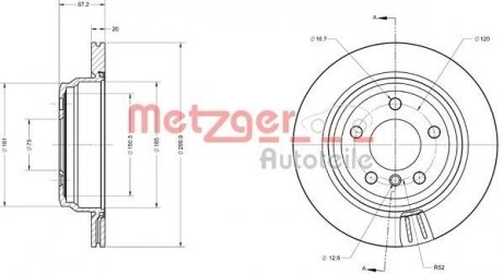 Диск тормозной (задний) BMW 3 (F30/F31)/ 4 (F32/F36) 11-(300x20) (с покрытием) (вент.)(с отверстиями)) METZGER 6110744 (фото 1)