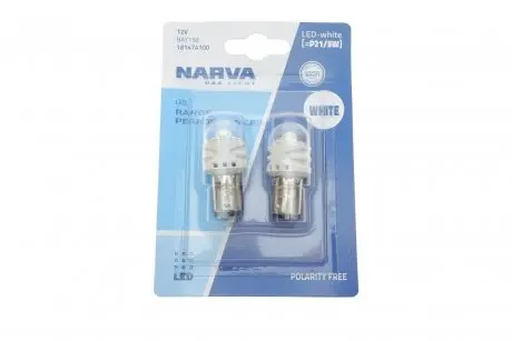 Автолампа P21/5W 12V 2.4/0.48W BAY15d LED (белая) (к-кт 2шт)) NARVA 181474100