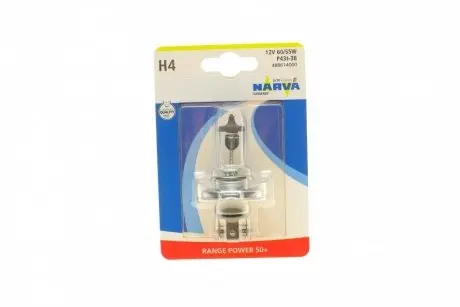 Автолампа H4 12V 60/55W P43t Range Power 50+ (блистер/1шт) NARVA 488614000