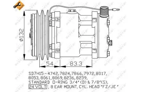Компресор кондиціонера VOLVO F10, F12, F16, FL10, FL12, FL6, FL7, FLC, FS7 08.77-09.00 NRF 32769