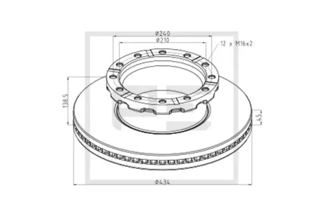 Диск гальмівний задн/передн Лів/Прав (434mmx45mm) IVECO MAGELYS B 7/B 7 R/B12/B9/Magelys Pro/Route 410.25/Route 430.26/Route 450.25/Route 460.26/URBANWAY 10m, 12m/URBANWAY 12m/URBANWAY 12m CNG/URBANWA PE AUTOMOTIVE 02668200A