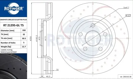 Диск тормозной, вентилируемый ROTINGER 21295GLT5