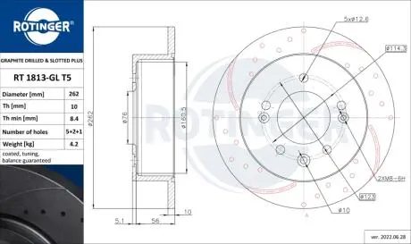 Диск тормозной графитовый (кратно 2) HYUNDAI ELANTRA [262X61] (1813-GL/T5) ROTINGER RT 1813-GL/T5