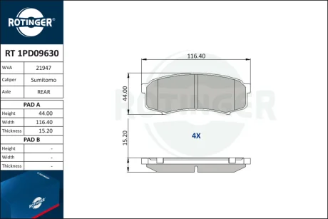 Колодки тормозные дисковые комплект ROTINGER RT1PD09630