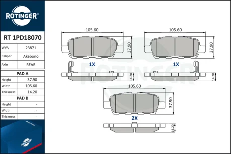 Колодки тормозные дисковые комплект ROTINGER RT1PD18070