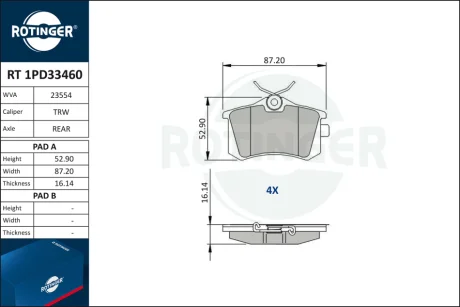 Колодки тормозные дисковые комплект ROTINGER RT1PD33460 (фото 1)