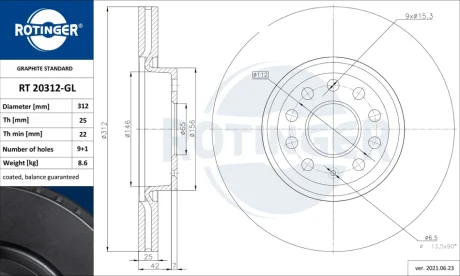Диск тормозной с графитовым покрытием ROTINGER RT20312-GL