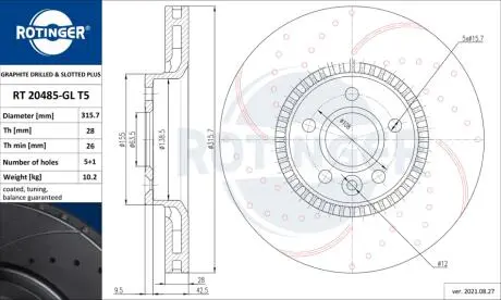 Диск тормозной вентилируемый графитовый (кратно 2) FORD S-MAX; VOLVO S80 II [316X52] ROTINGER RT 20485-GL/T5