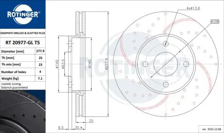 Диск тормозной вентилируемый графитовый (кратно 2) FORD FIESTA V [278X45] ROTINGER RT 20977-GL/T5