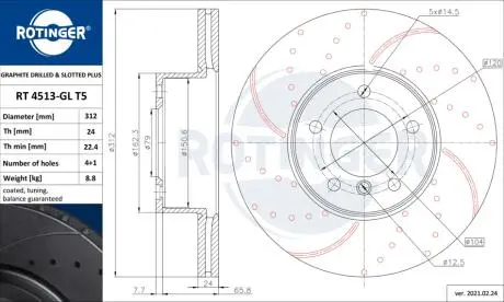 Диск тормозной (передний) BMW 1(F20/F21) 11-/3 (E90/E91/E92) 07-11 (312x23.9) B37/N13/N47/N55 ROTINGER RT4513GLT5