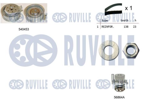 Комплект ГРМ + помпа Skoda Fabia/Octavia/VW Caddy/Golf/Passat/T5 2.0/2.4D 99- (23x138z)(VKPC 81620) RUVILLE 5500132