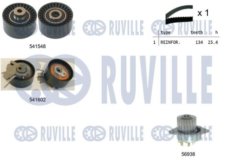 Комплект ГРМ + помпа Citroen Berlingo/Xsara/C3/C4/Peugeot 206/301/307/Partner 1.6 0- (25.4x134z) RUVILLE 5502861 (фото 1)