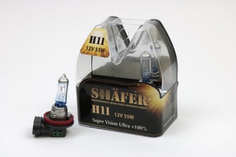 Лампа галогенова H11 12V55W Super Vision Ultra +100% (комплект, пластиковий бокс 2шт)) SHAFER SL3011