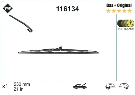 Щітка склоочисника поворотн. передн (1шт) 530мм VOLVO 440, 460, 480, 760, 960, 960 II, C70 I, S90 I, V40, V90 I, ALFA ROMEO 155, 164, 166, AUDI 100 C3, 200 C3, 80 B2, 80 B3, 80 B4, 90 B2 08.78- SWF 116134