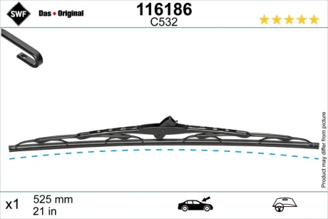 Щітка склоочисника поворотн. (1шт) 525мм AUDI A4 B5, TT, LANCIA LYBRA, SKODA SUPERB I, VW ARTEON, NEW BEETLE, PASSAT B5, PASSAT B5.5 11.94- SWF 116186