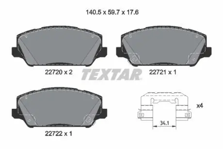 Комплект гальмівних колодок передн, HYUNDAI GENESIS, GRANDEUR, I30, VELOSTER, KIA CADENZA II, CEED, CERATO III, CERATO KOUP III, OPTIMA, PRO CEED 1.0-3.3 01.08- TEXTAR 2272001