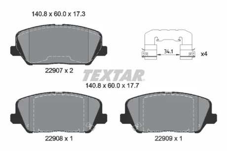 Комплект гальмівних колодок передн, KIA CEED, OPTIMA, PRO CEED 1.0-2.4 06.10-07.18 TEXTAR 2290701