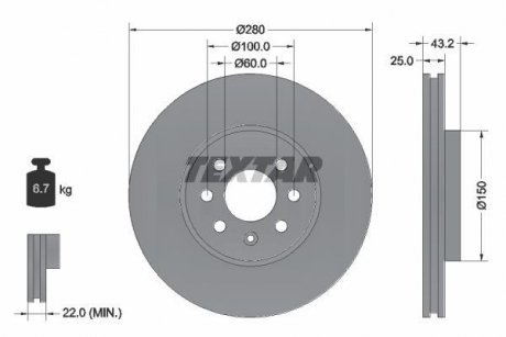 Диск гальмівний (передній) Opel Astra H 04- (280x25) PRO TEXTAR 92129303 (фото 1)