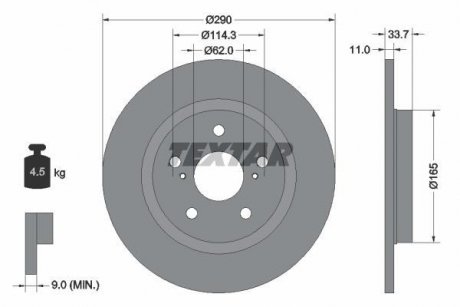 Диск гальмівний (задній) Toyota Avensis 1.6-2.2 08-18 (290x11) TEXTAR 92195200 (фото 1)