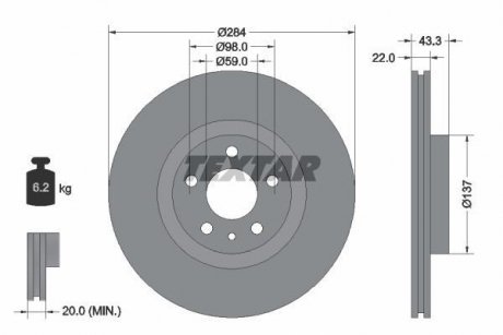 Диск тормозной (передний) Fiat Doblo 10- (284x22) PRO TEXTAR 92252803