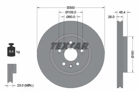 Диск тормозной (передний) Opel Astra K 15-(300x26) R16 PRO (заменено на 92277205) TEXTAR 92277203 (фото 1)