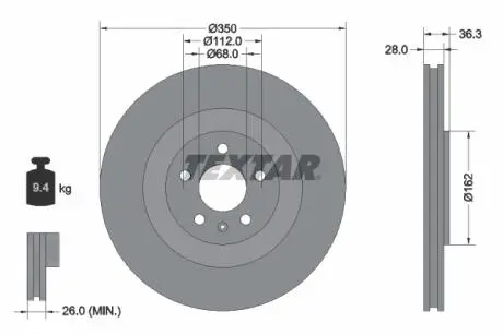 Диск тормозной (задний) Audi A6/A7/A8/Q7/Q8 15- (350x28) PRO+ TEXTAR 92290405