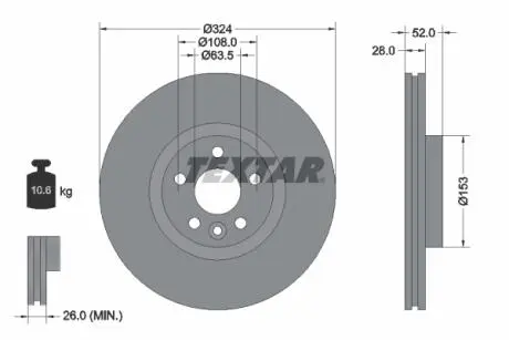 Диск тормозной (передний) Volvo XC 60 08-17 (324x28) PRO+ TEXTAR 92293205