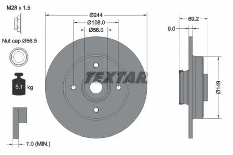 Диск тормозной (задний) Peugeot 2008 12-/Citroen C3 Aircross 10-/C4 Cactus 14-(244x9) (с подшипником)) PRO TEXTAR 92305403