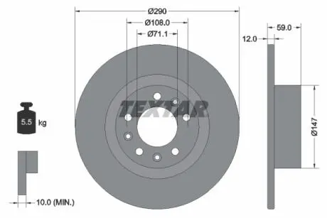 Диск тормозной (задний) Peugeot 508 10-18 (290х12) PRO TEXTAR 92313603