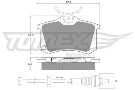 Колодки гальмівні (задні) Skoda Fabia 99-/VW Caddy/Golf 03-16/Passat B5 96-05/Polo 01- (+датчик) TOMEX TX1615