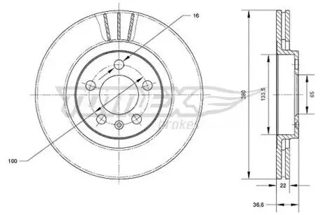 Диск тормозной (передний) Skoda Octavia/VW Golf IV (280x22) TOMEX TX7009