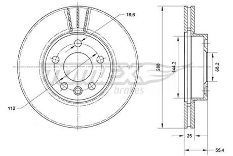 Диск тормозной (передний) VW Sharan 96-10 (288x25) (с покрытием) (с отверстием) (вентилированный)) TOMEX TX7054