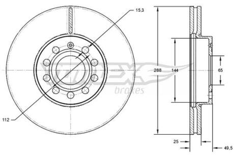 Диск тормозной (передний) Audi A3/Skoda Octavia/VW Caddy III 03- (288x25) (с покрытием) (вентил.) TOMEX TX7131