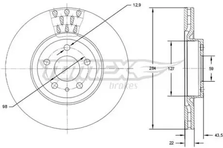 Диск тормозной (передний) Fiat Doblo 10- (284x22) TOMEX TX7139