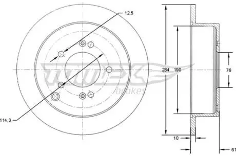 Диск тормозной (задний) Hyundai Santa Fe 01-/Tucson 04-/ix35/Kia Sportage 10- (284x10)(с покр)(полн) TOMEX TX7149