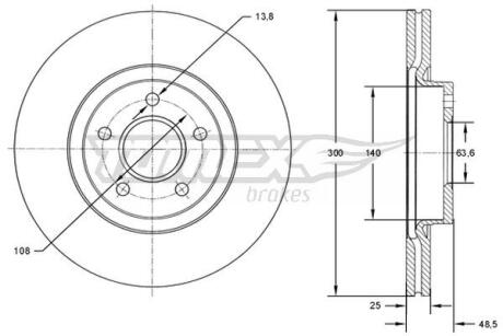 Диск тормозной (передний) Ford C-Max/Kuga 07-/Transit Connect 13- (300x25) (с покрытием)(вентил.) TOMEX TX7177