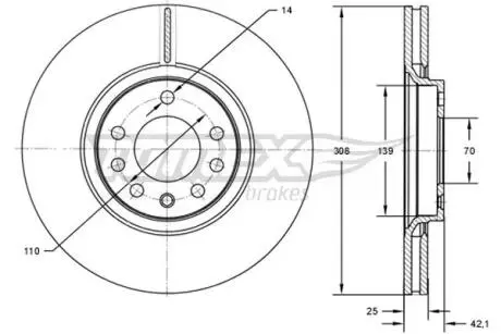 Диск тормозной (передний) Opel Astra G/H/Corsa E/Meriva 00- (308x25) TOMEX TX7203