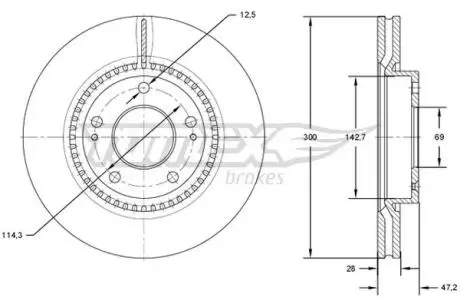 Диск тормозной (передний) Hyundai I30 II 11-/Kia CeeD/ Cerato III 13- (300x28) TOMEX TX7247
