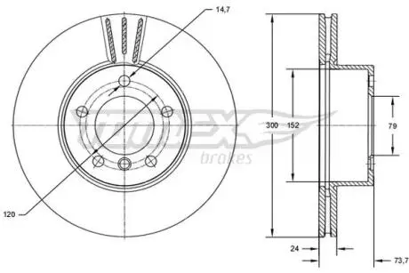 Диск тормозной (передний) BMW 3 (E90-93) 04-13/1 (E81-E87) 04-14 (300x24) (с покрытием) TOMEX TX7254
