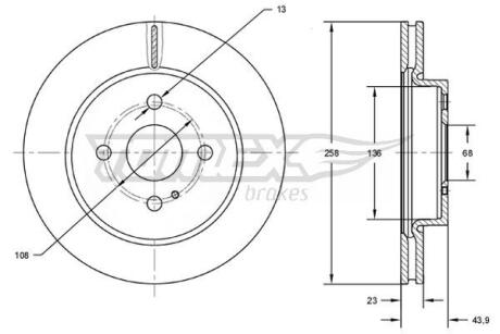 Диск тормозной (передний) Ford Fiesta 08-(258x23) (с покрытием) (вентилированный)) TOMEX TX7266 (фото 1)