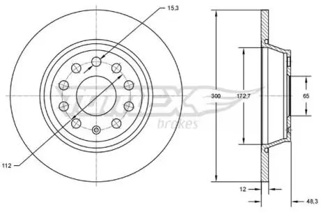 Диск тормозной (задний) VW Golf VII 12-/Passat 14-(300x12) (с покрытием) TOMEX TX7269