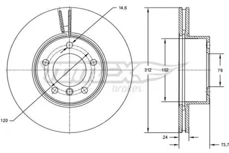 Диск тормозной (передний) BMW 1(F20/F21) 11-/3 (E90/E91/E92) 07-11 (312x23.9) B37/N13/N47/N55 TOMEX TX7278