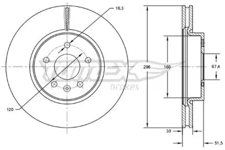 Диск тормозной (передний) Opel Insignia A 08- (296x30) TOMEX TX7288