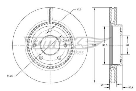 Диск тормозной (передний) Hyundai I30 11-/Kia CeeD/ Cerato III 13-(300x28) (с покрытием) (вент.) TOMEX TX7331