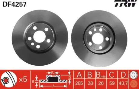 Диск тормозной (1 шт.).) CITROEN/FIAT/LANCIA/PEUGEOT C8/Jumpy/Scudo/807/Expert F "99>> TRW DF4257