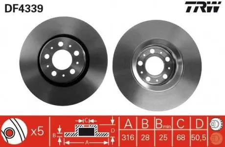 Диск тормозной (1 шт.).) VOLVO XC90/S60 "F D=316mm "00-10 TRW DF4339