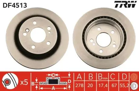 Диск тормозной (1 шт.).) MERCEDES C(W203)/E(S124)/SLK(R171) "R D=278mm "89-11 TRW DF4513