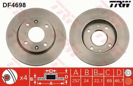 Диск тормозной (1 шт.).) HYUNDAI/KIA Elantra/Matrix/Sonata(YF)/Cerato "F D=257mm "00-15 TRW DF4698